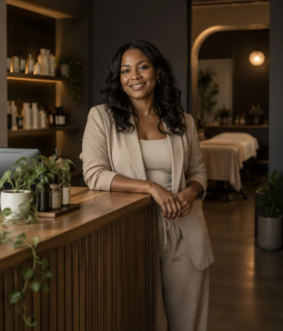 Woman business owner welcoming clients at her boutique wellness clinic reception