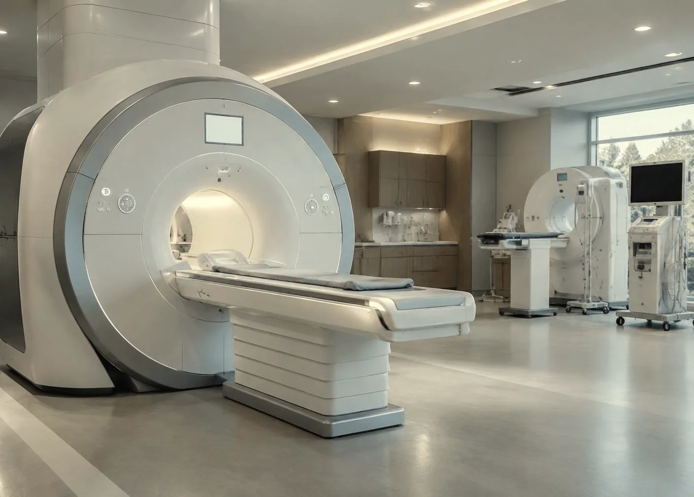 Modern MRI scanner and diagnostic imaging equipment in a commercial medical suite