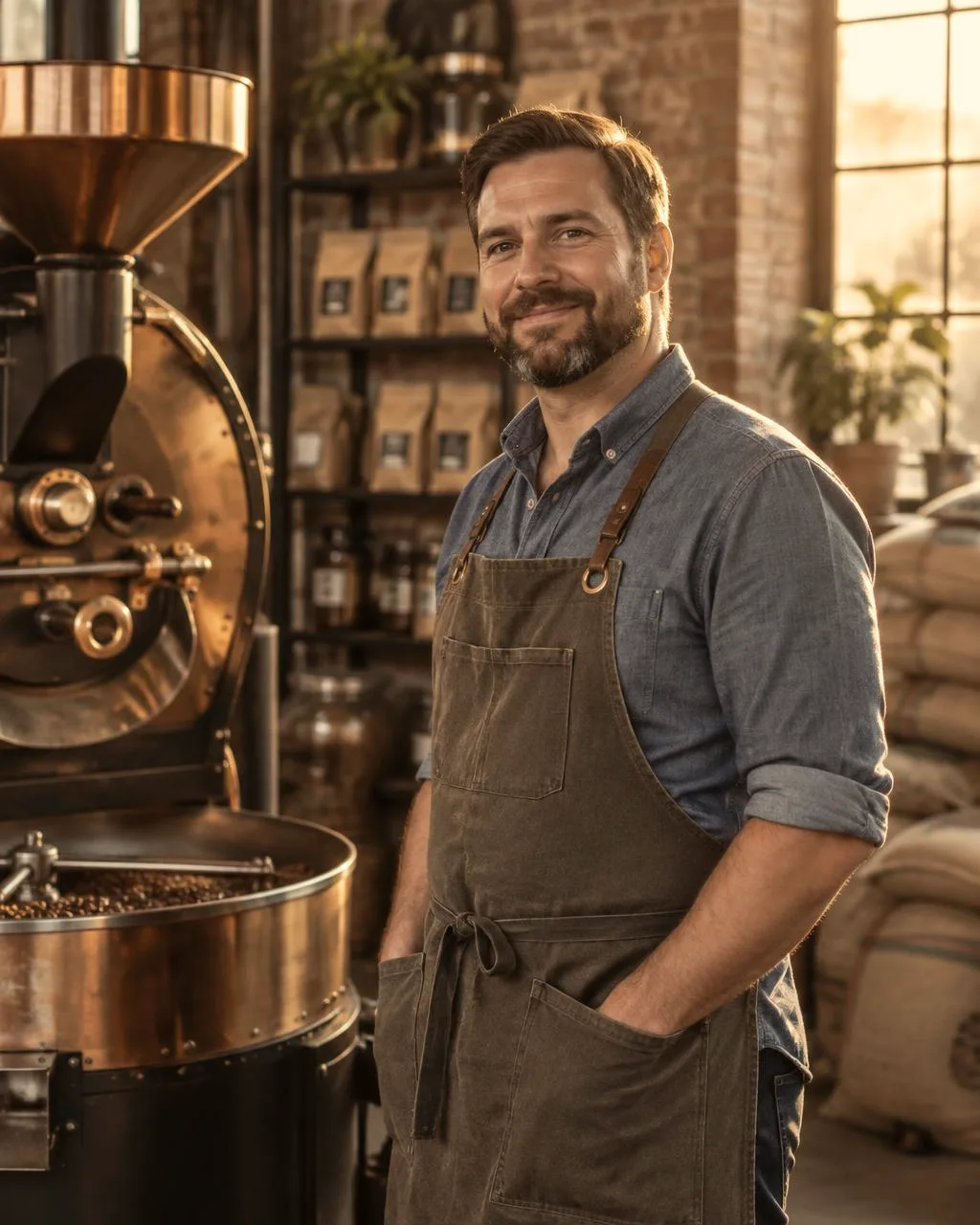Coffee roastery founder standing beside his roaster in his shop