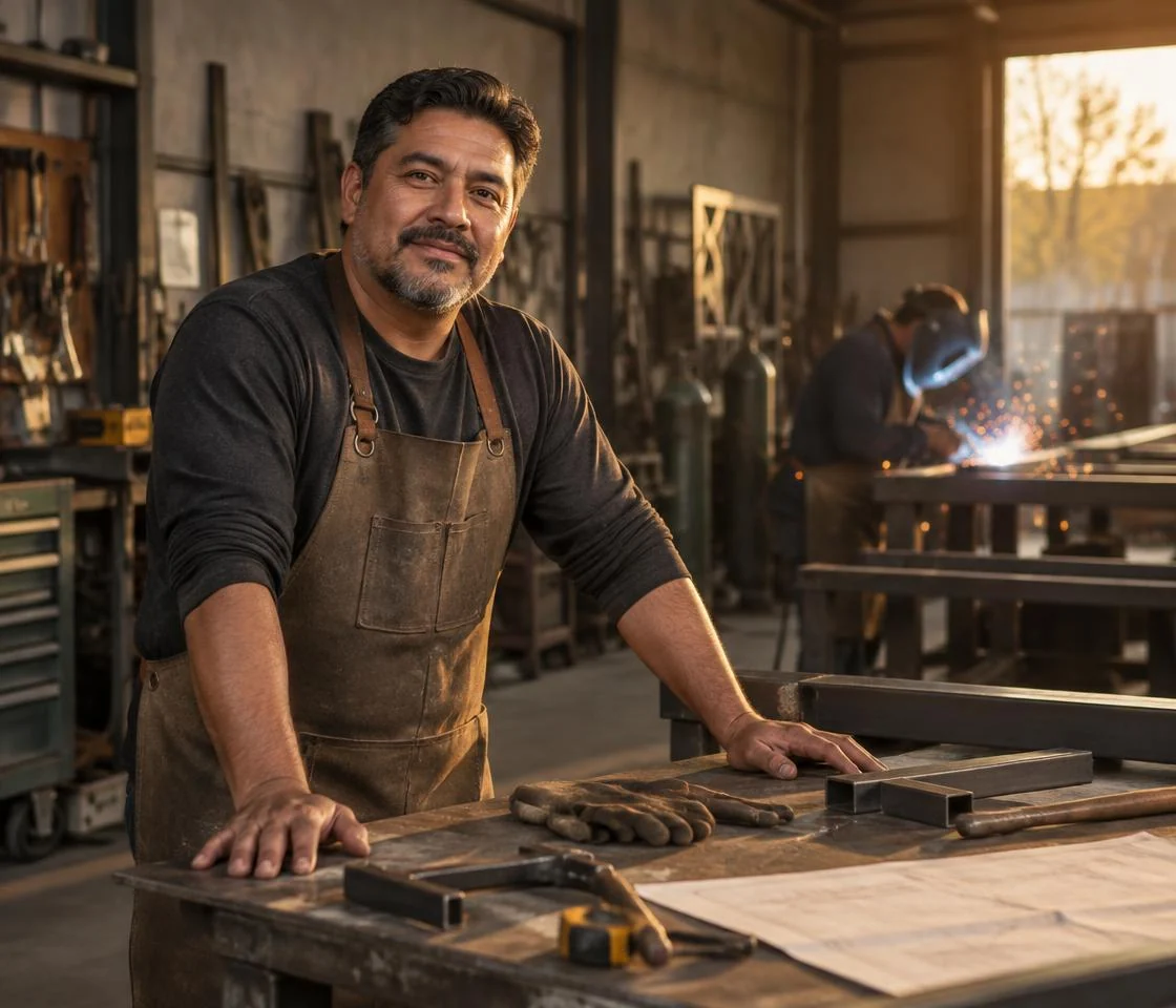Fabrication business owner at his workshop bench with welding work behind him